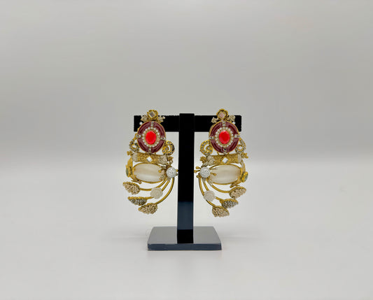 Handmade Designer Jhumka | Red and White Zircons