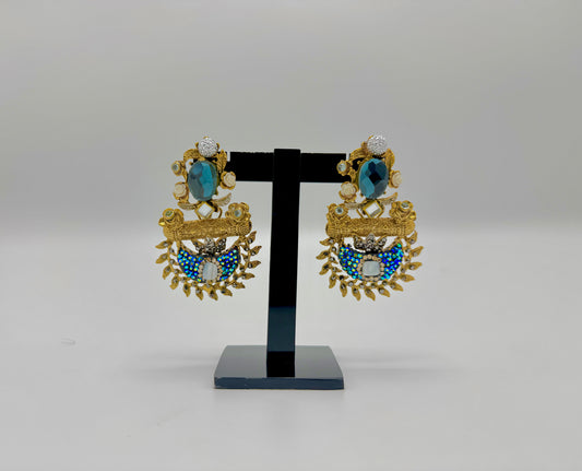 Blue Chandelier Jhumka | Gold Polished Turkish Style with Multi Color Stones.