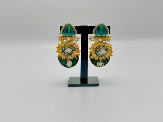 Emerald Floral Design Jhumka | Gold Polish Turkish Style Earrings.