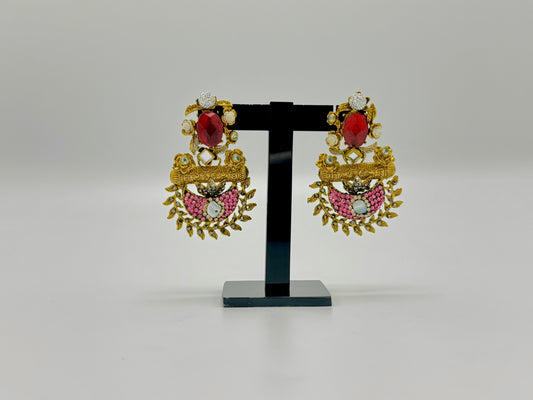 Red Chandelier Jhumka | Gold Polished Turkish Style with Pink Stones.